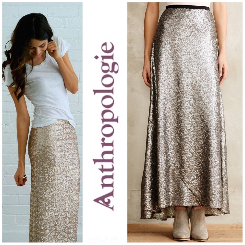 Anthropologie Metallic Sequin Maxi Skirt - Silver